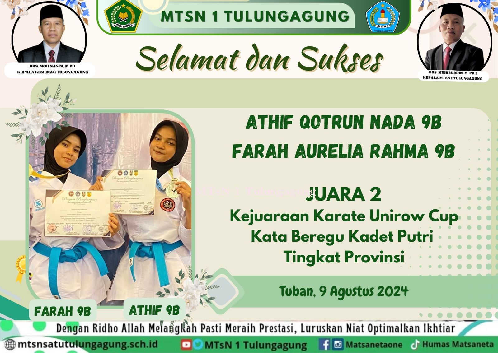 Keren Banget! Dua Siswi Matsaneta Raih Juara II Karate Unirow Cup di Tuban