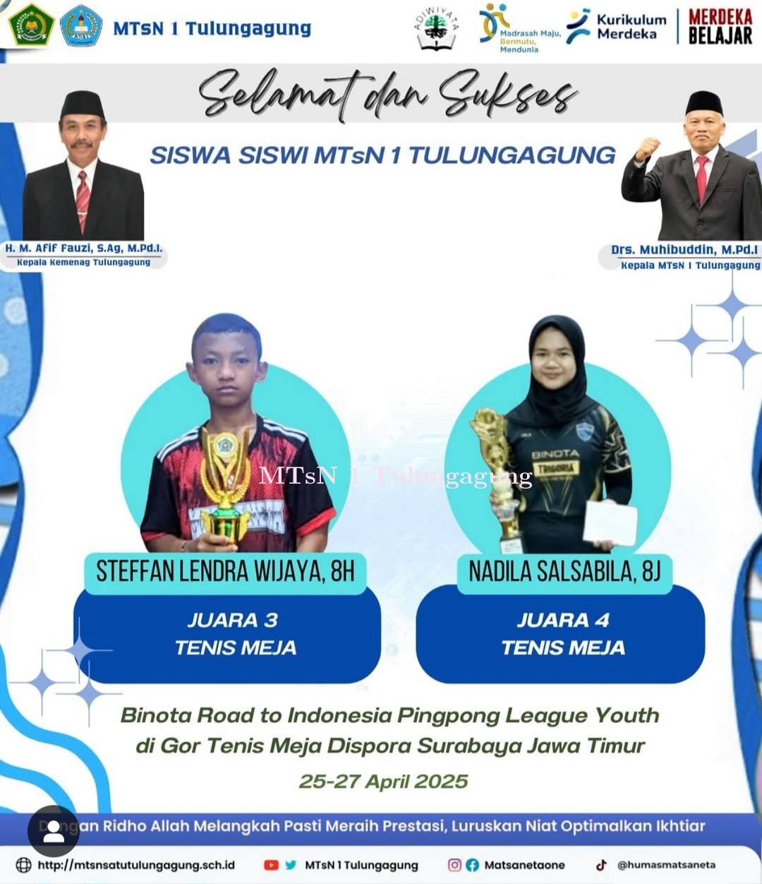 Josh Banget!  Dua Siswa MTsN 1 Tulungagung Peringkat III dan IV Indonesia Pingpong League Zona 6 Jat
