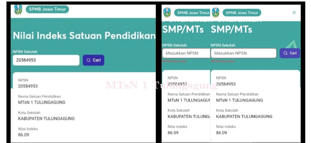 SPMB Jatim, Nilai Indeks Satuan Pendidikan MTsN 1 Tulungagung 86,09